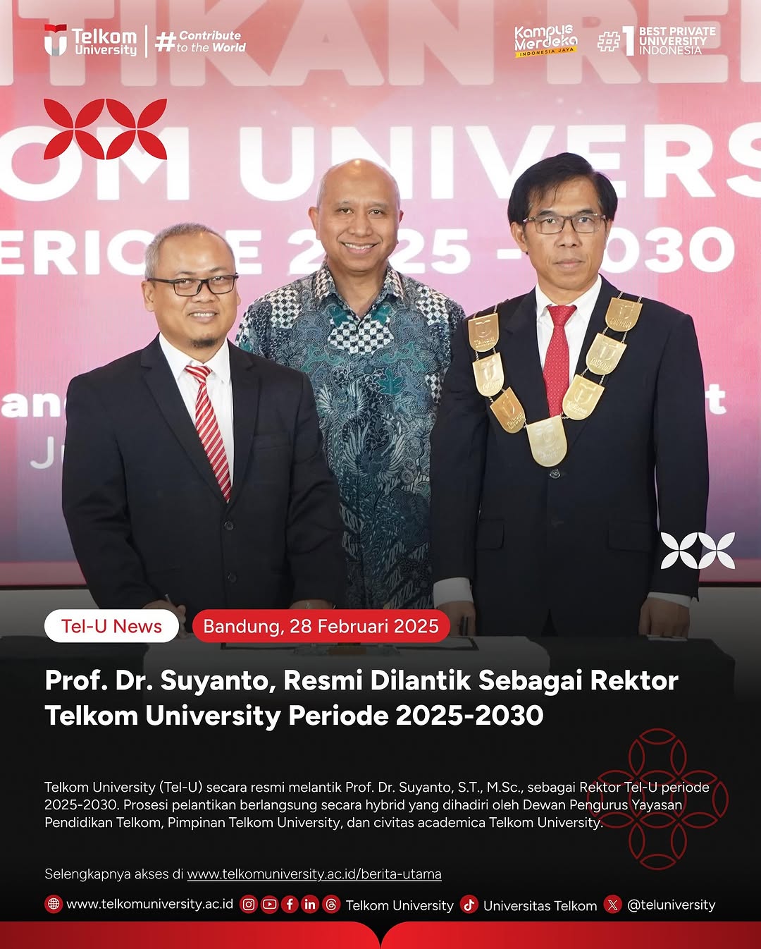 Prof. Dr. Suyanto Resmi Dilantik sebagai Rektor Tel-U 2025-2030