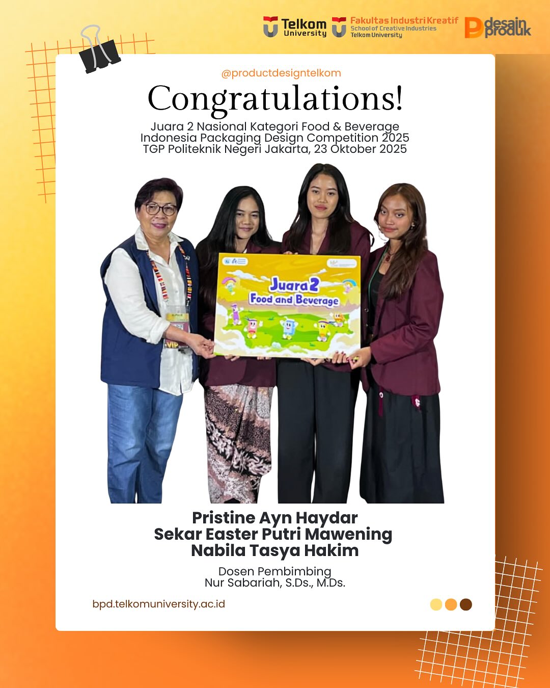 Mahasiswa Desain Produk Tel-U Juara 2 Nasional Kategori Food & Beverage, Inpack Design Competition 2025